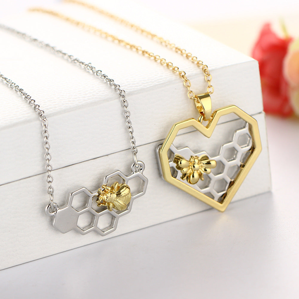 Honeycomb Bee Heart Pendant Necklaces