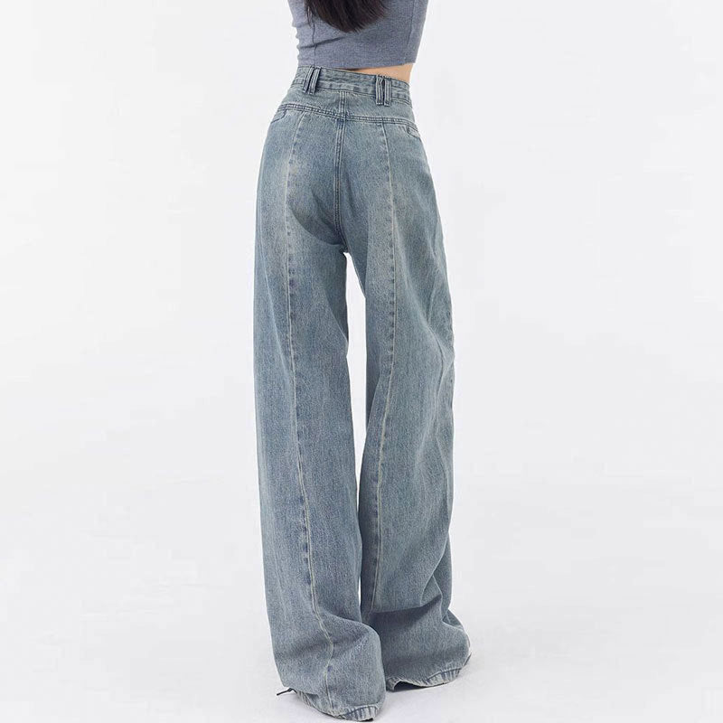 Pleated Design Loose Straight Wide Leg Jeans