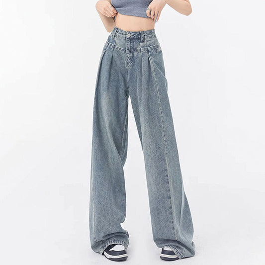 Pleated Design Loose Straight Wide Leg Jeans