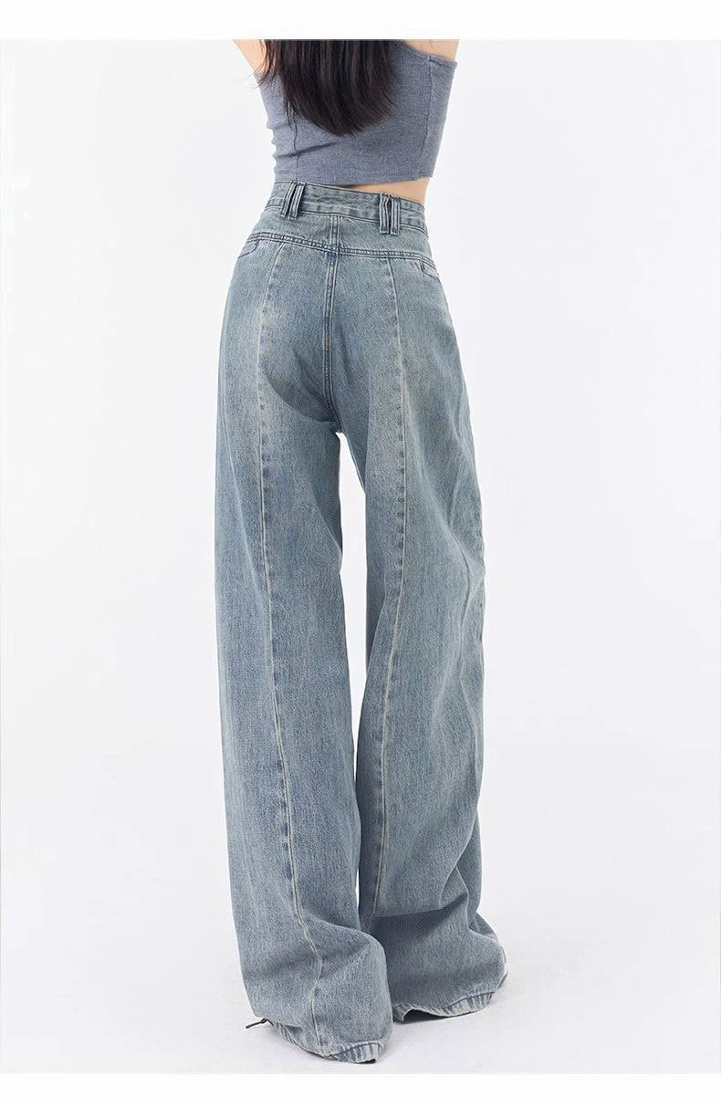 Pleated Design Loose Straight Wide Leg Jeans