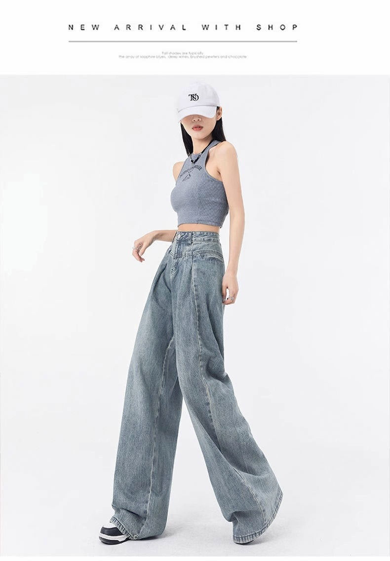 Pleated Design Loose Straight Wide Leg Jeans
