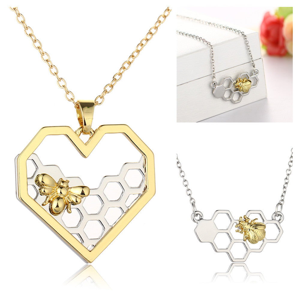 Honeycomb Bee Heart Pendant Necklaces