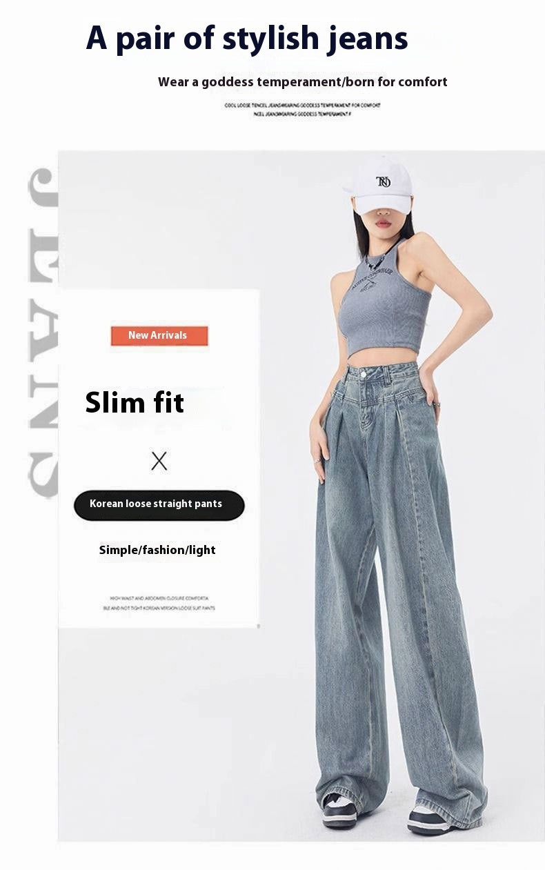 Pleated Design Loose Straight Wide Leg Jeans