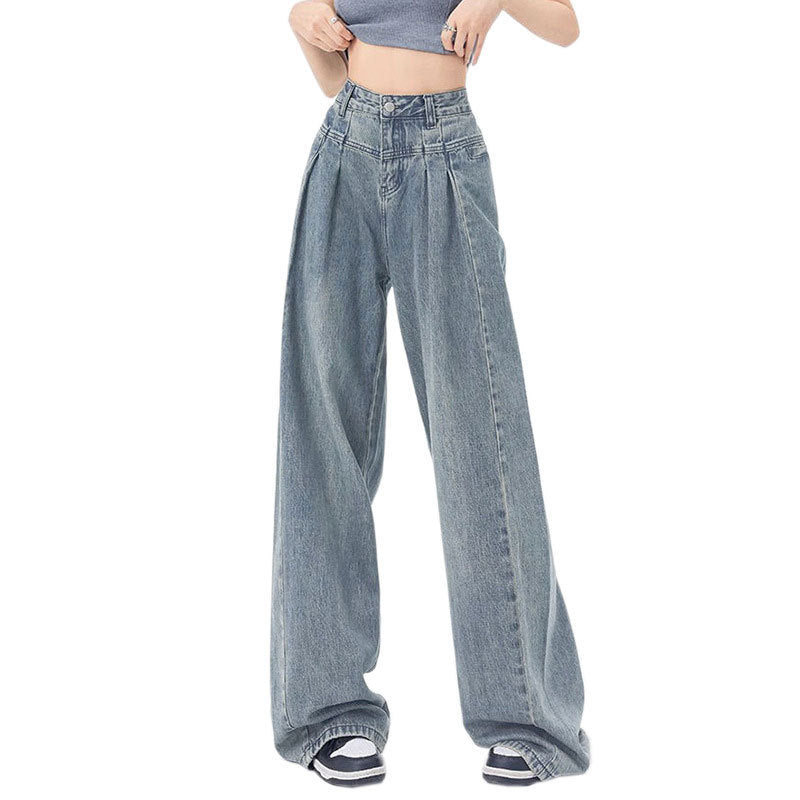 Pleated Design Loose Straight Wide Leg Jeans