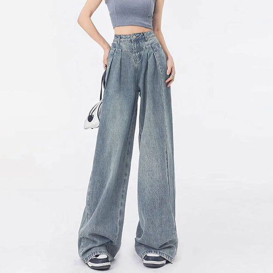Pleated Design Loose Straight Wide Leg Jeans