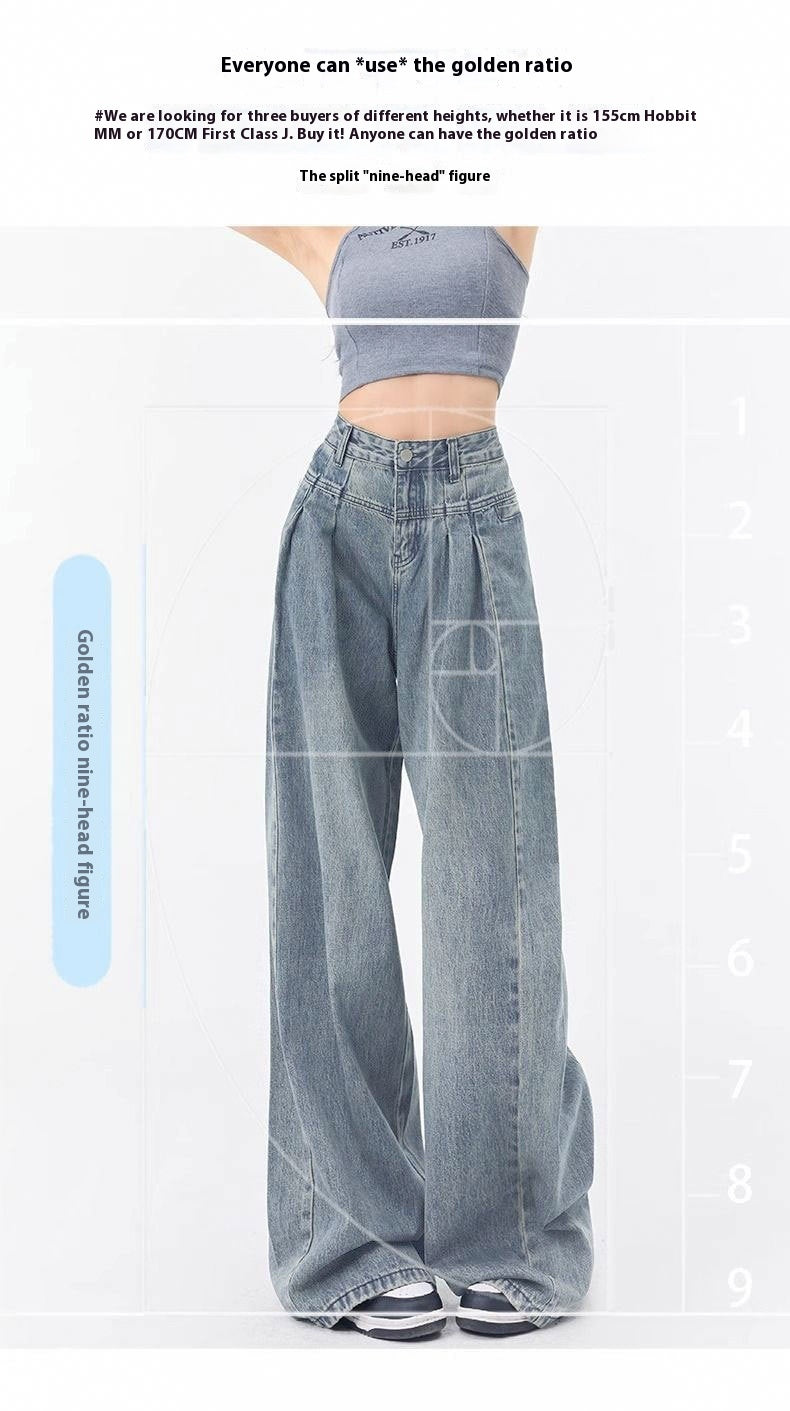 Pleated Design Loose Straight Wide Leg Jeans