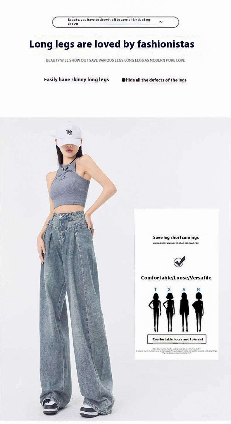 Pleated Design Loose Straight Wide Leg Jeans
